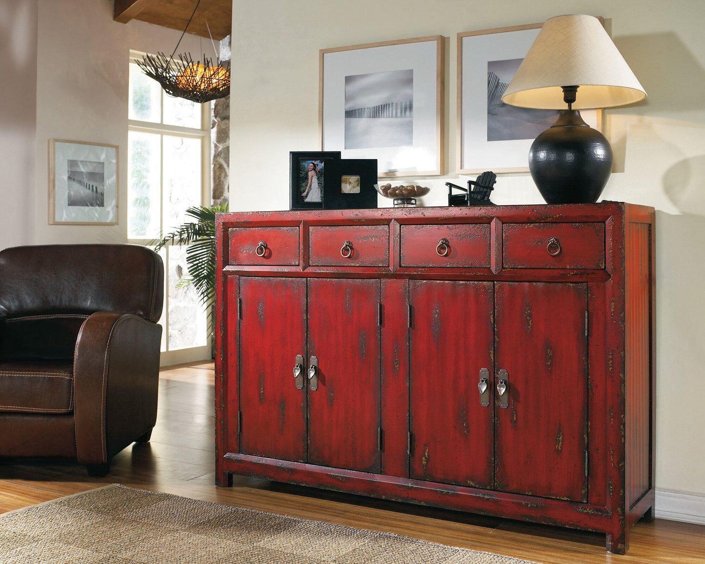 58'' Red Asian Cabinet